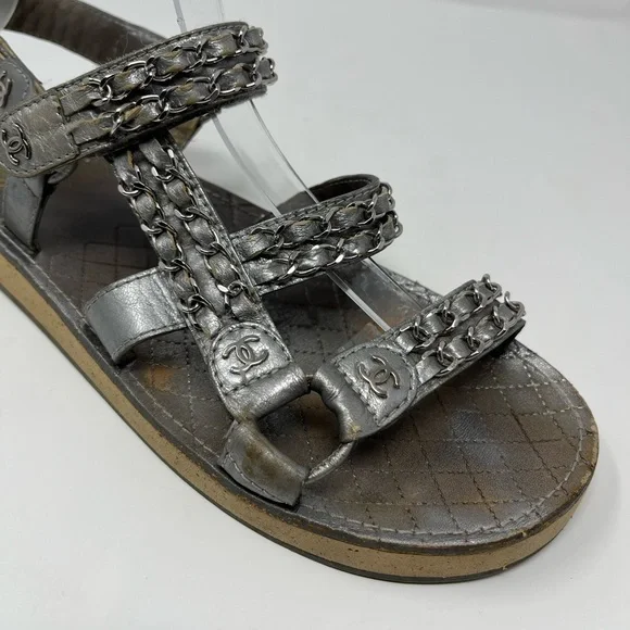 SOLD// Chanel Silver Metallic Chain Dad Sandals CC Logo Leather 40C 40 9 9.5 - Picture 9 of 14